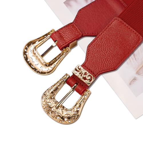 Image of Dubulle Womens Belt Chain Leather Belts Vintage Western Adjustable Elastic Double Buckle for Cowboy Pant Dress