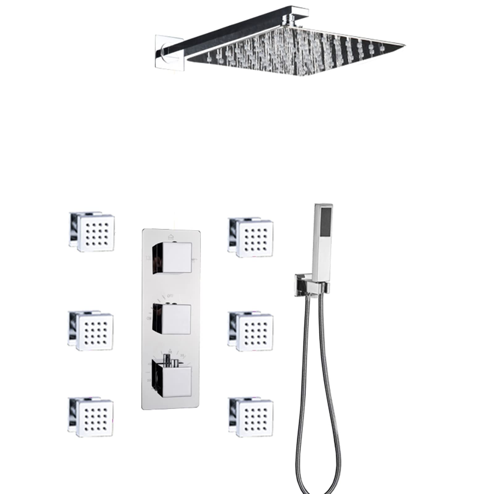 GLJTUO Shower system, Shower System Thermostatic Concealed Shower Combo Set Chrome Finish Shower Mixer Taps Set with 6 Body Sprays with Brass Hand Shower and Waterfall Rainfall,size_name-10 Inch