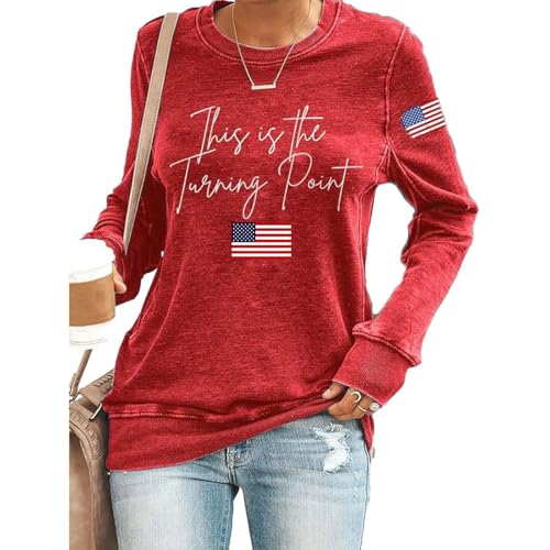 UXQIEN Retro This is The Turning Point Shirt Women USA America Flag Freedom Print T-Shirt Casual Crewneck Long Sleeve Tops-Red1 M
