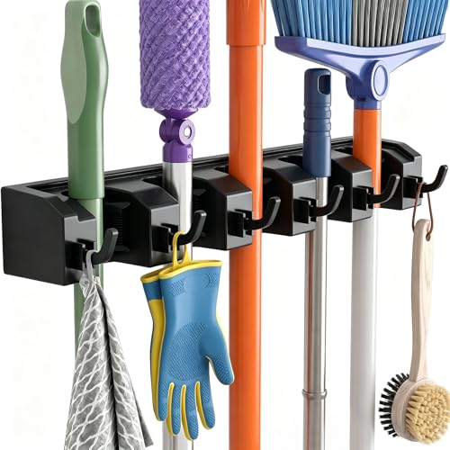 AceMining Balai Mural, Porte Balais Mural avec 5 supports et 6 crochets, porte-outils de jardin, en plastique ABS, épais et durable, Serrage à vis, pour...