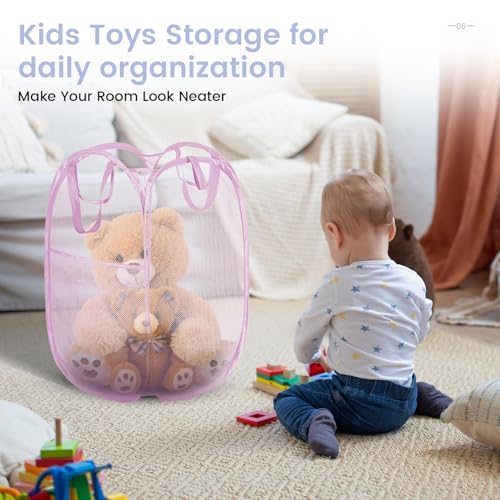 Image of HOUSE AGAIN 2Pack Strong Mesh Pop Up Laundry Hamper, 70L Collapsible Laundry Basket with Steel Frame, Double‑Stitched Handles & Side Pocket, Foldable Dirty Clothes Hamper for Dorm, Bedroom, Light Pink