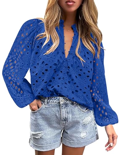 BETTE BOUTIK Women's Long Short Sleeve Tops 2025 Dressy Casual Button Hollow Out Lace Embroidered Blouses Shirts