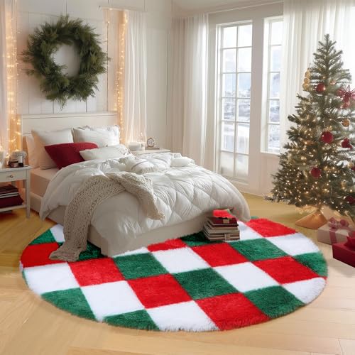 Image of KICMOR Round Christmas Rug 4ft Red Green White Circle Area Rug, Fluffy Soft Fuzzy Shag Shaggy Bedroom Living Room Carpet, Indoor Checkered Circular Rugs for Kids Boys Girls Home Decor Aesthetic