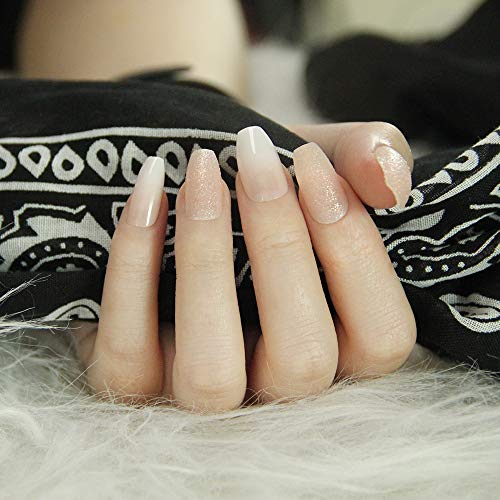 24Pcs False Nail Glittering Gradient Champagne Press on Full Cover Pre-glue Acrylic Nails UV Topcoat Fake Nail Set For Girls And Women Party