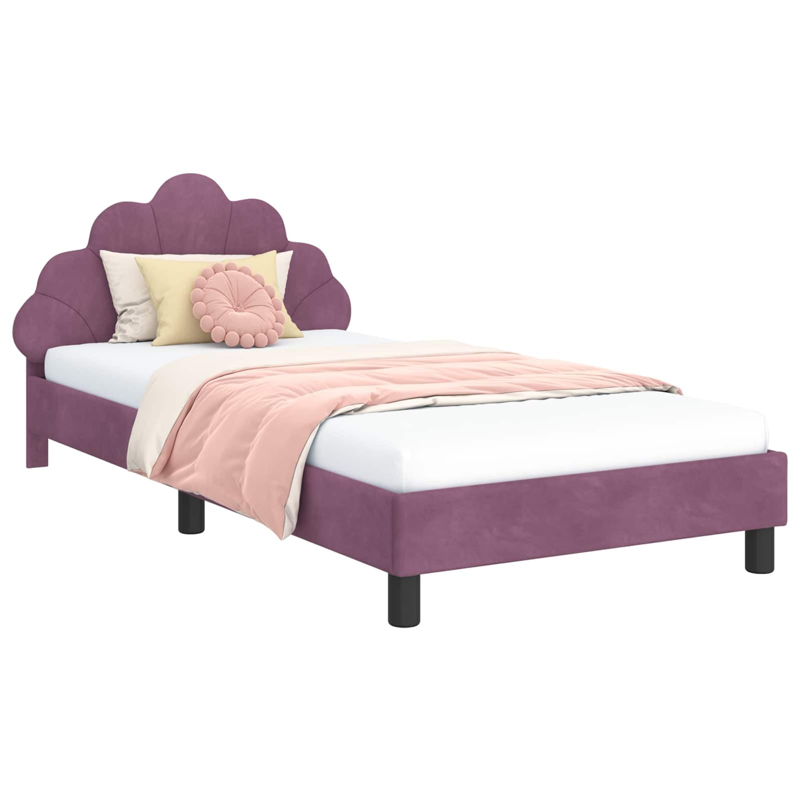 Moderno marco de cama con cabecero en color morado, 90 x 190 cm, tapizado de terciopelo, somier de láminas estable y prácticos compartimentos para libros, 4 piezas