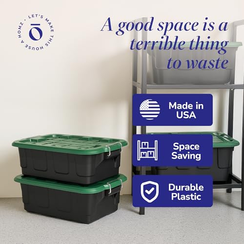 Image of HOMZ 2 Pack 10-Gallon Plastic Stackable Storage Bin with Lid, Container Box with Latching Handles for Home Garage Organization, Black /Green
