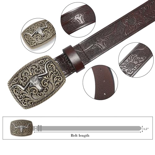 Western Cowboy Genuine Leather Belt with Longhorn Bull Buckle and Floral Engraving3