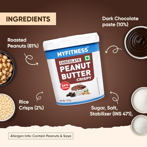 Image of MYFITNESS Peanut Butter Chocolate Spread Crispy 1.2kg | 21g Protein & 8g Fiber | Tasty & Healthy Nut Butter Spread for Breakfast, Snacks | Cholesterol Free | Zero Trans Fat (Pack of 2)