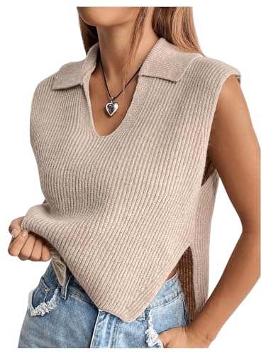 Image of MakeMeChic Women's Sweater Vest Collar V Neck Knit Sleeveless Summer Tank Tops Vest Tops Khaki Small