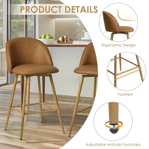 Homy Casa Set de 2 Butacos de Altura para Barra, Giro 360°, Asiento Tapizado en Poliuretano Marrón con Patas Metálicas Estilo Madera de Nogal – Ideal para Cocina, Comedor y Bar – Altura del Asiento 26 pulgadas miniatura 5