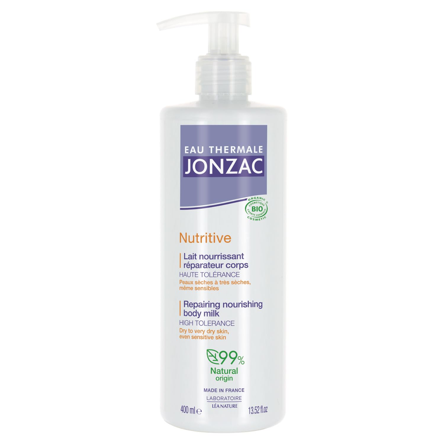 EAU THERMALE JONZAC Lait Corps Réparateur Nourrissant Bio 400 mL - Peaux Sèches à Très Sèches - Flacon Pompe Haute Tolérance - 99% d'Origine Naturelle - Fabriqué en France - Lot de 2
