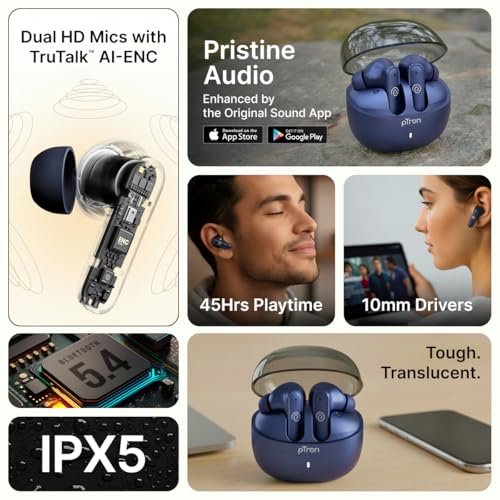 Image of pTron Bassbuds Indie in-Ear TWS Earbuds w / 10mm Drivers, 45Hrs Playtime, Dual HD Mic & AI-ENC Calls, Custom EQ, Mobile App, Bluetooth V5.4 Earphones, Voice Assistant, Type C Charging & IPX5 (Blue)