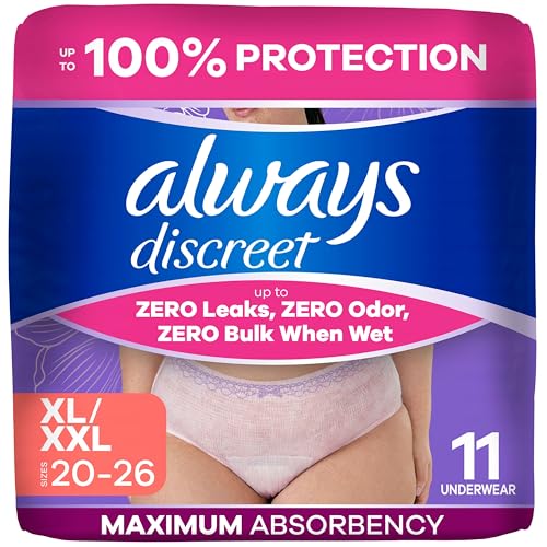 Image of Always Discreet Reimagined Adult Diapers for Women, Maximum Absorbency Incontinence and Postpartum Underwear Size XL /XXL, Up to 100% Leak Free Bladder Leak Protection, 11 Count