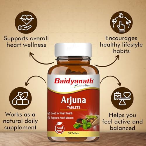 Image of Baidyanath Ayurved Arjuna Tablets 60 Tabs (Pack of 2) | Pure Arjuna Bark Extract | Ayurvedic Supplement for Heart Wellness & Healthy Circulation | Supports Cardiovascular Vitality