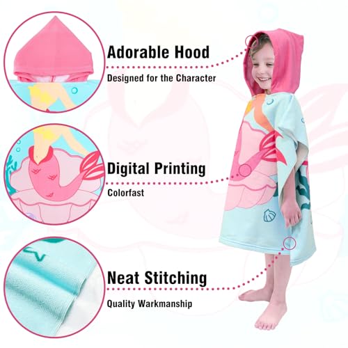 Image of growell Hooded Kids Beach Towels - Toddler Bath Towel Girls Boys Swim Cover-ups for Ages 1 to 6 Kids Pool Towels Quick Dry Lightweight Soft Microfiber Poncho Towel 24x23 (Mermaid Seashell)
