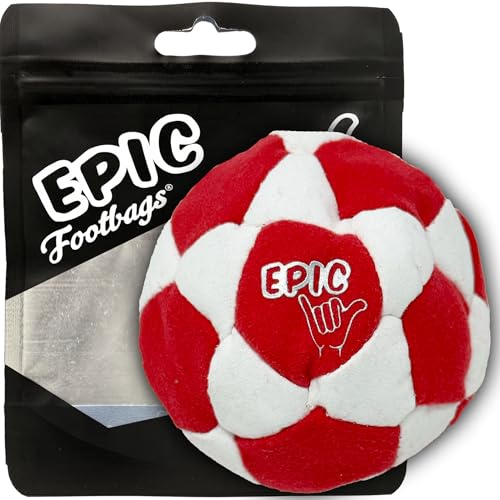 Epic Footbags Deluxe 32 Panel Suede Foot Bag for Adults & Kids, White'n Red