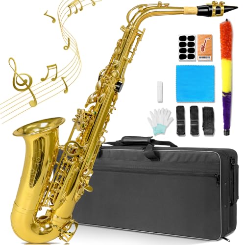Mostpoty Saxofón Alto en Mi, Lacado en Oro Incluye 10 Cañas, 8 Espaciadores, Estuche de Saxofón,...