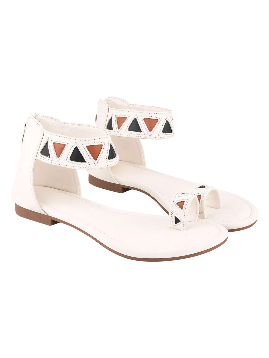 Women’s White Flat Sandals | Stylish Ankle Strap Toe Ring Flats with Geometric Design | Comfortable Casual & Ethnic Footwear EU42-image-12