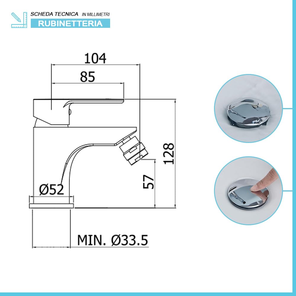 Set miscelatori lavabo alto e bidet con scarico click-clack incluso, in ottone cromato con leva monocomando, ZOE