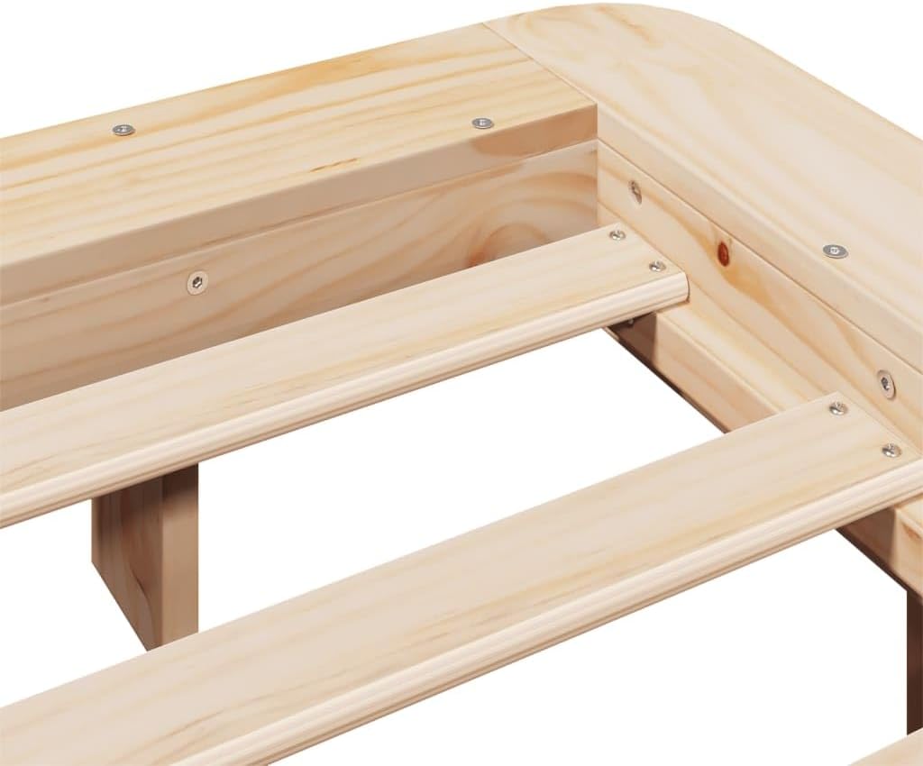 Close-up of the corner joint and slats of the bed frame.