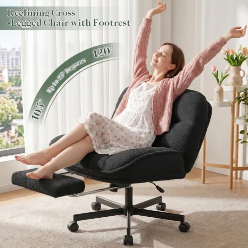 Image of DurayLoly Criss Cross Office Chair with Footrest, 28.15 inch Wide Seat | 6.3 inch Thick Cushion, 105-120 Rocking Function, Height Adjustable, 360 Swivel, Armless Design for All-Day Comfort - Black