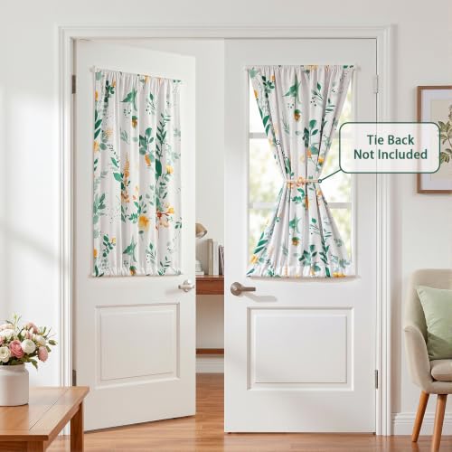 Image of MYSKY HOME Floral French Door Curtains 40 inch Long Set of 2 Blackout Privacy Sidelight Door Window Drapes with Rod Pocket, Yellow and Green, 24 inch W Each Panel