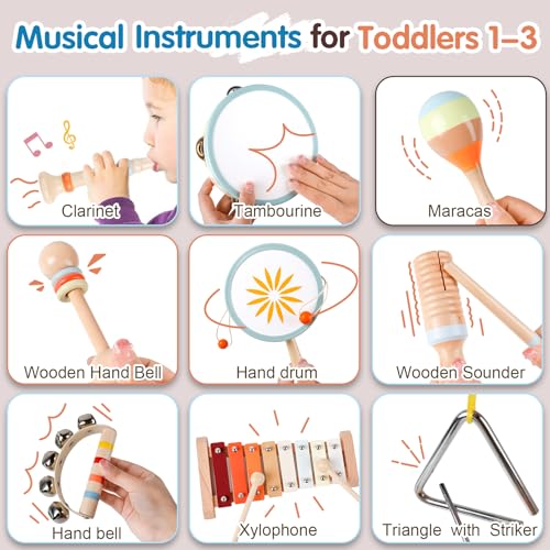 Kids Musical Instruments,Montessori Wooden Educational Toys, k Baby Musical Instruments Neutral Color Set with Xylophone Maracas Bell Birthday Gift for Ages 1 2 3