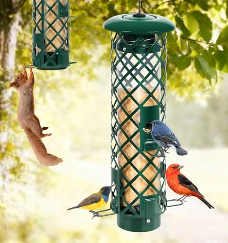 Squirrel Proof Bird Feeders, Metal Bird Feeder for Outdoors Hanging,3 LB Capacity Weight-Activated Wild Bird Feeder, Tube Mesh Birdfeeders for Finch Cardinal Chickadee