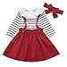 DaMohony Ensemble de 3 pièces pour bébé fille - Robe à manches longues - Barboteuse à rayures - Bandeau - Jupe - Rouge - 6 mois