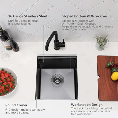 Image of 15x17 Black Bar Sink Undermount, Gunmetal Black Workstation Stainless Steel 16 Gauge Small Kitchen RV Prep Wet Bar Sink 9 inch Deep Single Bowl with Cutting Board