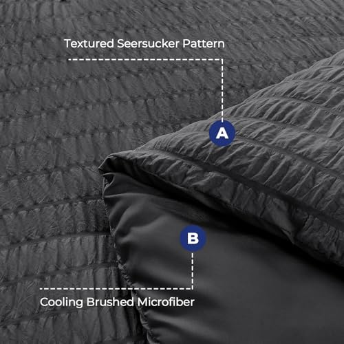 Image of HYMOKEGE California King Comforter Set Seersucker 7 Pieces, All Season Luxury Bed in a Bag for Bedroom, Bedding Set with Comforters, Sheets, Pillowcases & Shams, Dark Grey