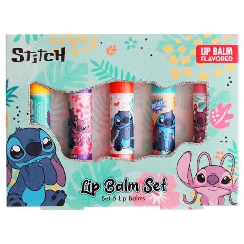 Kids Lip Balm Stitch Set (5 Fun Flavours: Vanilla, Grape, Orange, Bubble Gum, Cherry) - Cute Alien Design, Moisturising Lip Balm for Children - Great Gift for Girls and Boys.