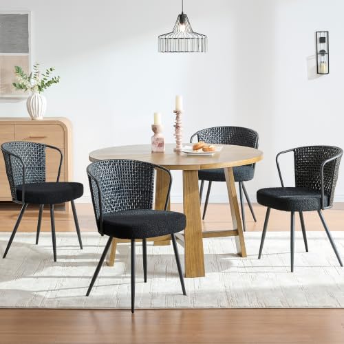 BedsPick Rattan Dining Chairs Set of 4 - Farmhouse Upholstered PE Rattan Kitchen Chair with Boucle Cushion, Wingback Dining Room Seat with Cane Back and Metal Legs for Home, Kitchen (All Black)