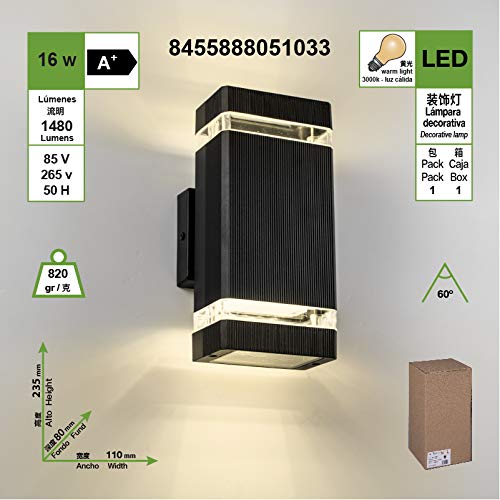 APPLIQUE DA PARETE IMPERMEABILE LED RETTANGOLARE NERO STILE MODERNO DA 16W POSSIBILITA' DI INSTALLARE PER INTERNI ED ESTERNI LUCE AMARIA (3000K) [Classe di risparmio energetico A+]