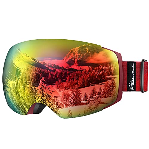 OutdoorMaster Ski Goggles PRO - Frameless, Interchangeable Lens 100% UV400 Protection Snow Goggles for Men & Women (Red Frame VLT 15% Red Lens and Free Protective Case)