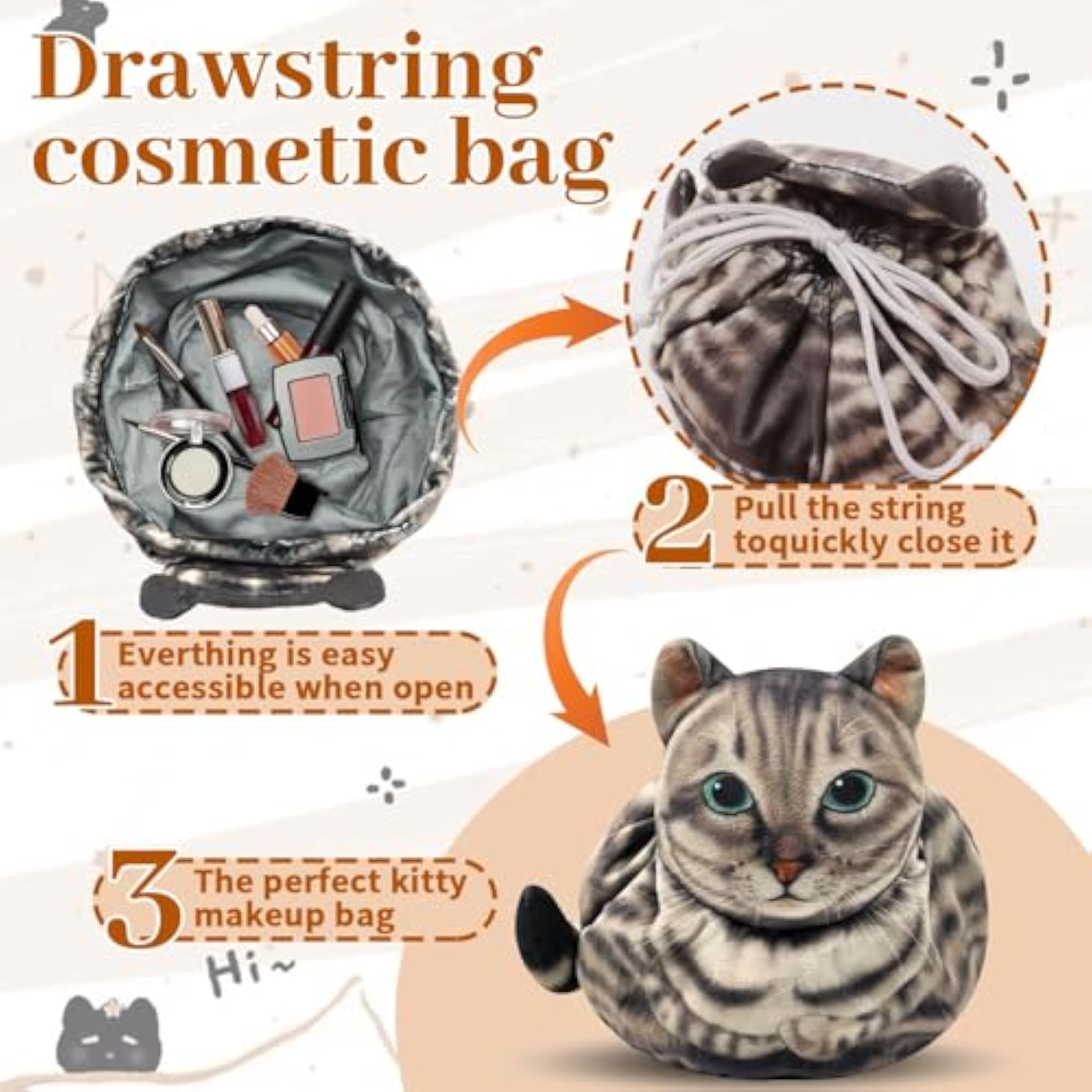 Cat Shaped Drawstring Makeup Bag, Portable Travel Cosmetic Pouch