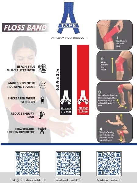 Image of A-TAPE Muscle Floss Bands (5' Ft Long X 2 inch inch Width)- Compression Bands - for Improving Movement, Increasing Circulation & Reducing Soreness (Red (Heavy) + Black (Medium))