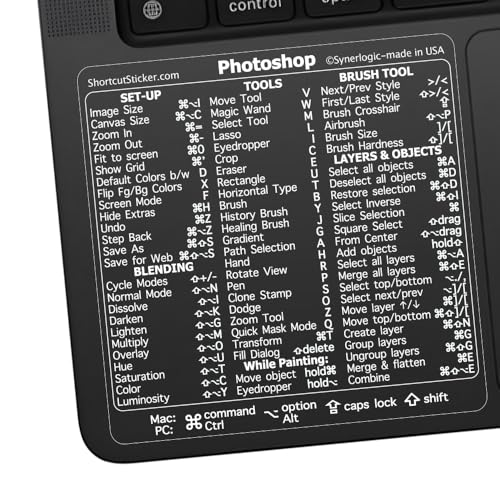 Synerlogic for Adobe Photoshop Quick Reference Keyboard Shortcut Sticker for Any MacBook or Windows PC (Clear-White)