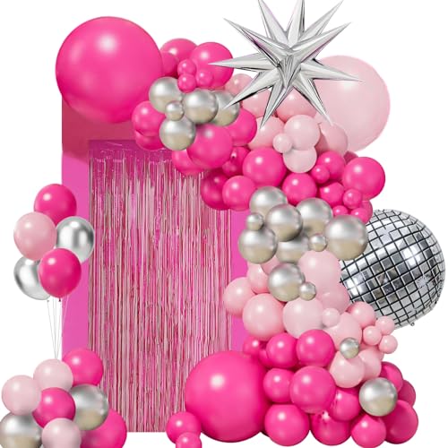 Hot Pink Balloon Garland Arch Kit,Pink silver Chrome Balloons wit...