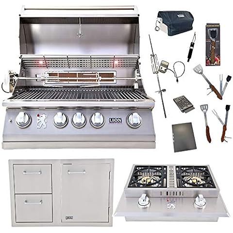 Lion Premium Grills 32-Inch Natural Gas Grill L75000 and Double Side Burner with Lion Door and Drawer Combination Unit with 5 in 1 BBQ Tool Set Best of Backyard Gourmet Package Deal Cover