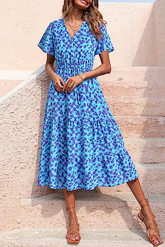 PRETTYGARDEN Summer Floral Dress for Women 2025 Casual Boho Short Sleeve Maxi Dresses V Neck Tiered Flowy Beach Sundress