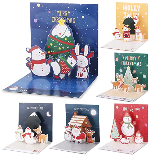 Jrisbo 6 peças 3D cartões de Natal com envelope, cartões postais Natal 3D Pop-Up Christmas Cards design colorido cartão de felicitação Natal Xmas para crianças amigos família (tema A)
