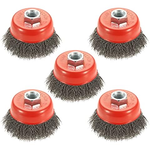 AUPREX 5 Pack 3 Inch Coarse Crimped Wire Cup Brush for Angle Grinder with 5/8 Inch-11 Threaded Arbor - 0.014 Inch Carbon Steel Wire -Light Duty Conditioning for Metals Cover