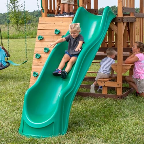 Backyard Discovery Highlander Cedar Wood Swing Set with Wave Slide, Three-Story Clubhouse, Rock Wall, Picnic Table, Belt Swings, Web Swing, Sandbox, Three Ladders, Toy Accessories, Outdoor Playset - image 8