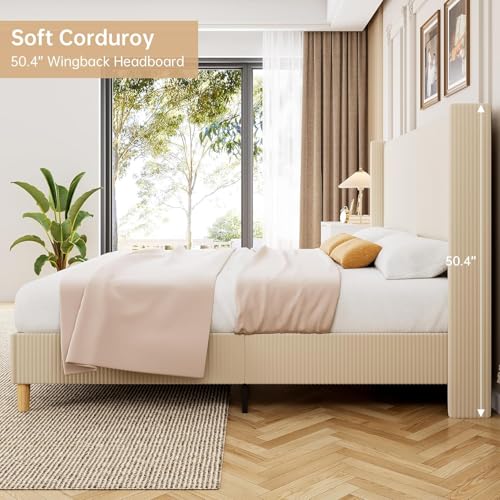 GarveeHome Queen Bed Frame, Upholstered Platform Corduroy Bed Frame with Vertical Channel Tufted Wingback Headboard, Strong Wooden Slats, No Box Spring Needed, Easy Assembly, Creamy Beige