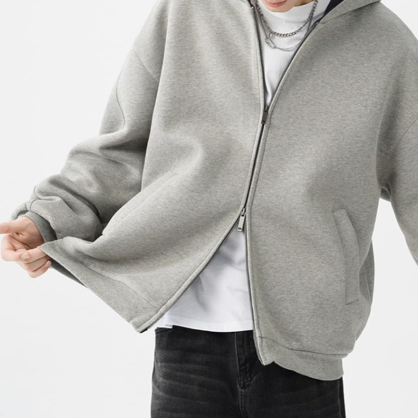 Mens Double Zip Up Hoodie Cardigan Vintage Oversized Heavyweight Cotton Zipper Hoodie Sweatshirts with Pocket3