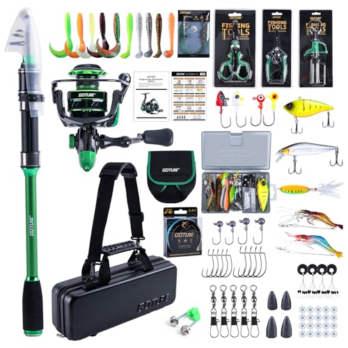 Goture 黒緑 1.8M 伸縮式単竿釣り竿 + リールコンボ、9+1 スピニングリール付き伸縮竿、ポリカーボネート製ケース、旅行用海水淡水両用釣り竿コンボスタートキットのサムネイル