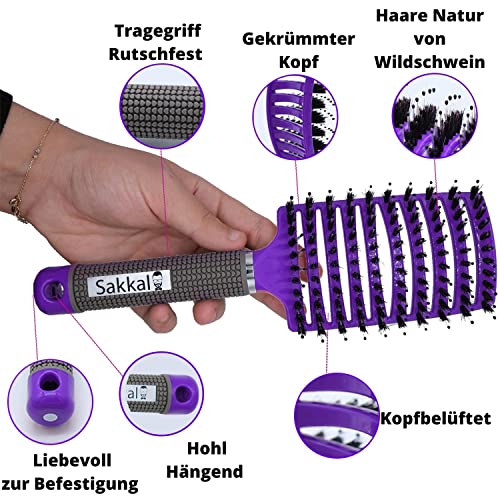 Foto von Haarbürste SAKKAL Haarstyling Bürste für Lange Feine Dicke Lockige Haare ohne Ziepen, Profi Entwirrungsbürste mit Griff, Wildschweinborsten Profi (Violett)