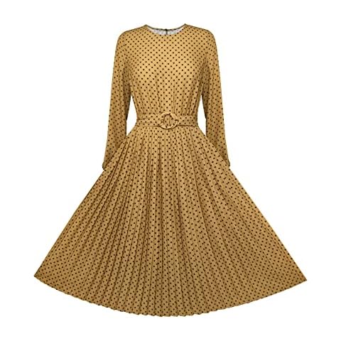 Charis Allure Women's Vintage Polka Dot Long Sleeve Boho Dress Summer Pleated Maxi Sundresses with O-Ring(Long Camel,S) Cover