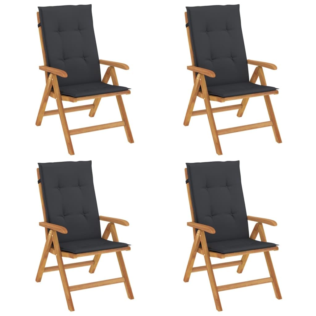 Sedie da giardino in teak con cuscino, 4 pezzi, in legno massiccio, regolabili, pieghevoli, portata: 110 kg, per balcone, terrazza, giardino, impermeabile